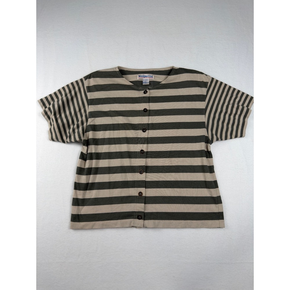 Westport Ltd Vintage Striped Button Up Top Olive Green Tan Short Sleeve Large